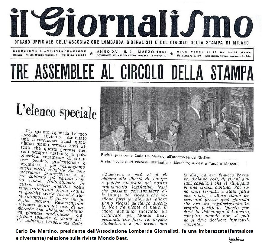 Nella foto, il secondo da sinistra Luigi Marinatto, che accolse la rivista Mondo Beat nell'Elenco Speciale dell'Albo dei Giornalisti della Lombardia.